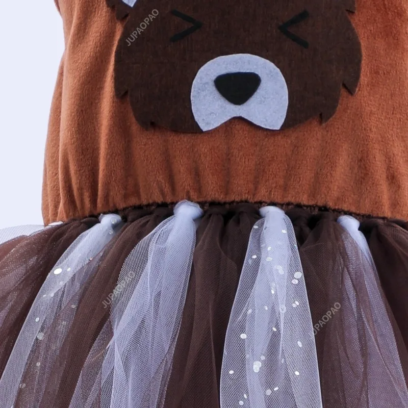 New Models Kids Girls Halloween Dress Up Cosplay Animal Theme Party Brown Bear Handmade Mesh Tutu Dress With Matching Hair Hoop