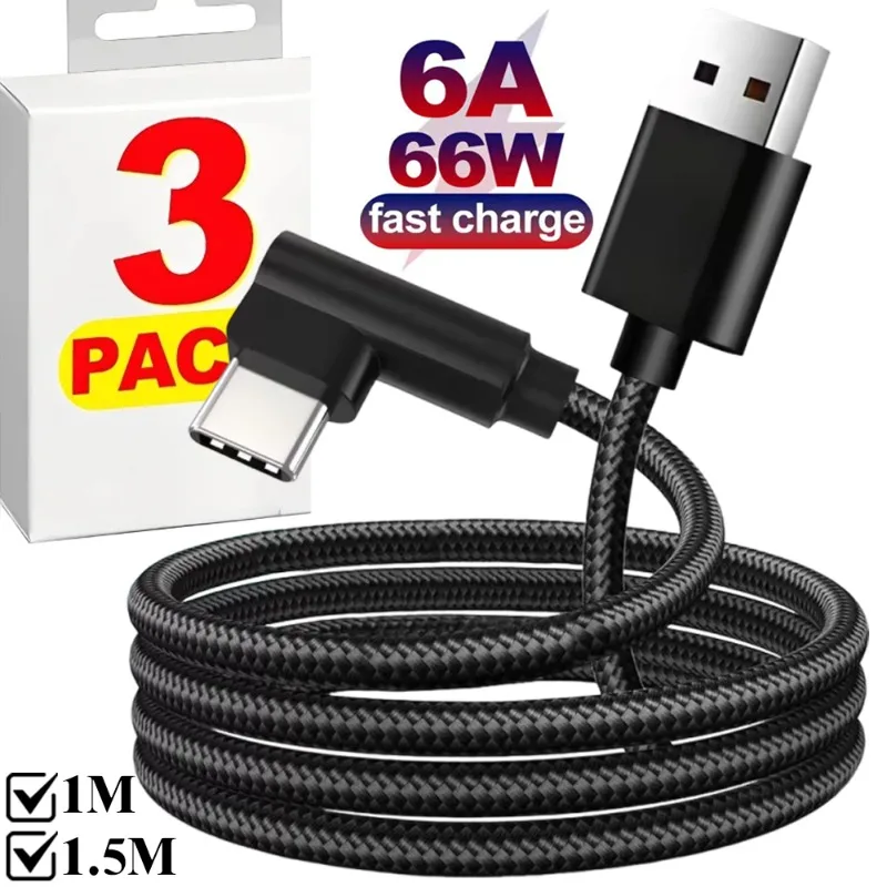 1/2/3Pcs USB Type C Charger Cable 6A Fast Charging 90 Degree Right Angle USB C Data Transfer Wire Cord for Samsung Google Laptop