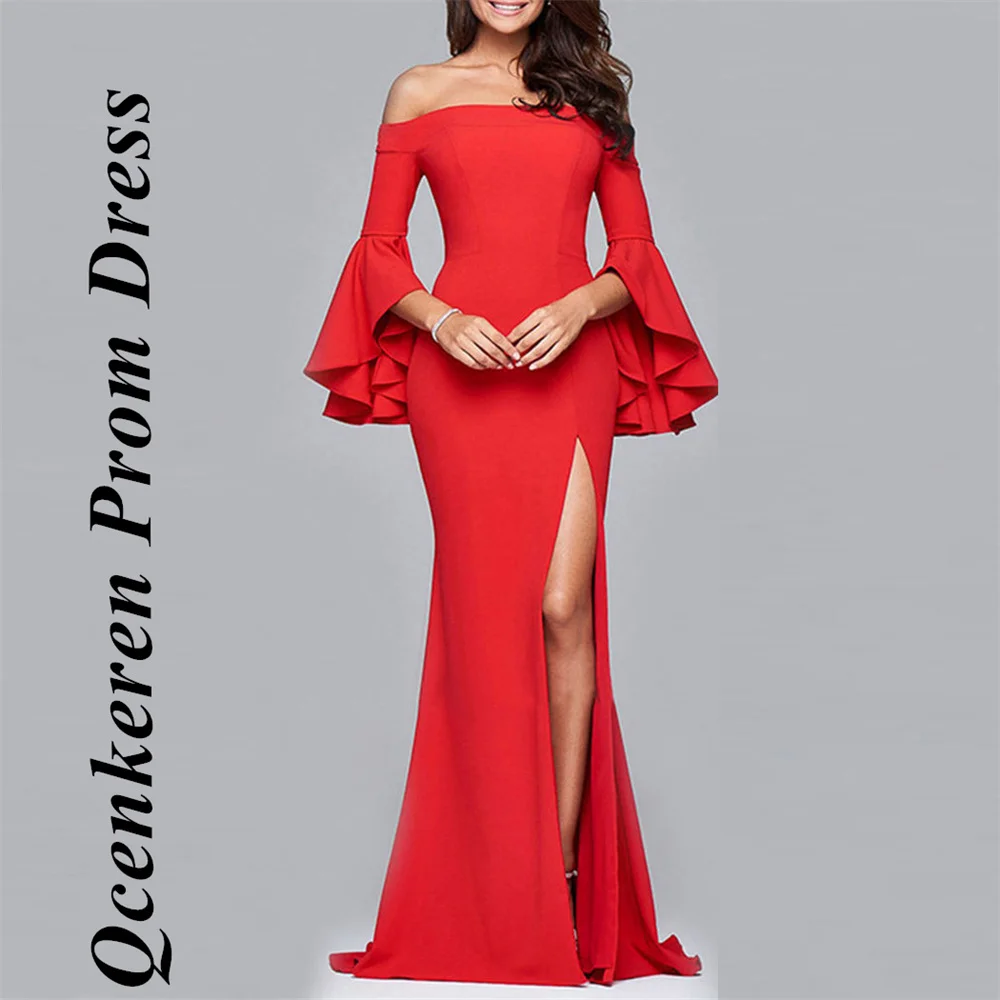 Qcenkeren Mermaid Prom Dress Ruffle Half Sleeve Floor-Length Evening Dress Off the Shoulder Formal Bridesmaid Gown 2024