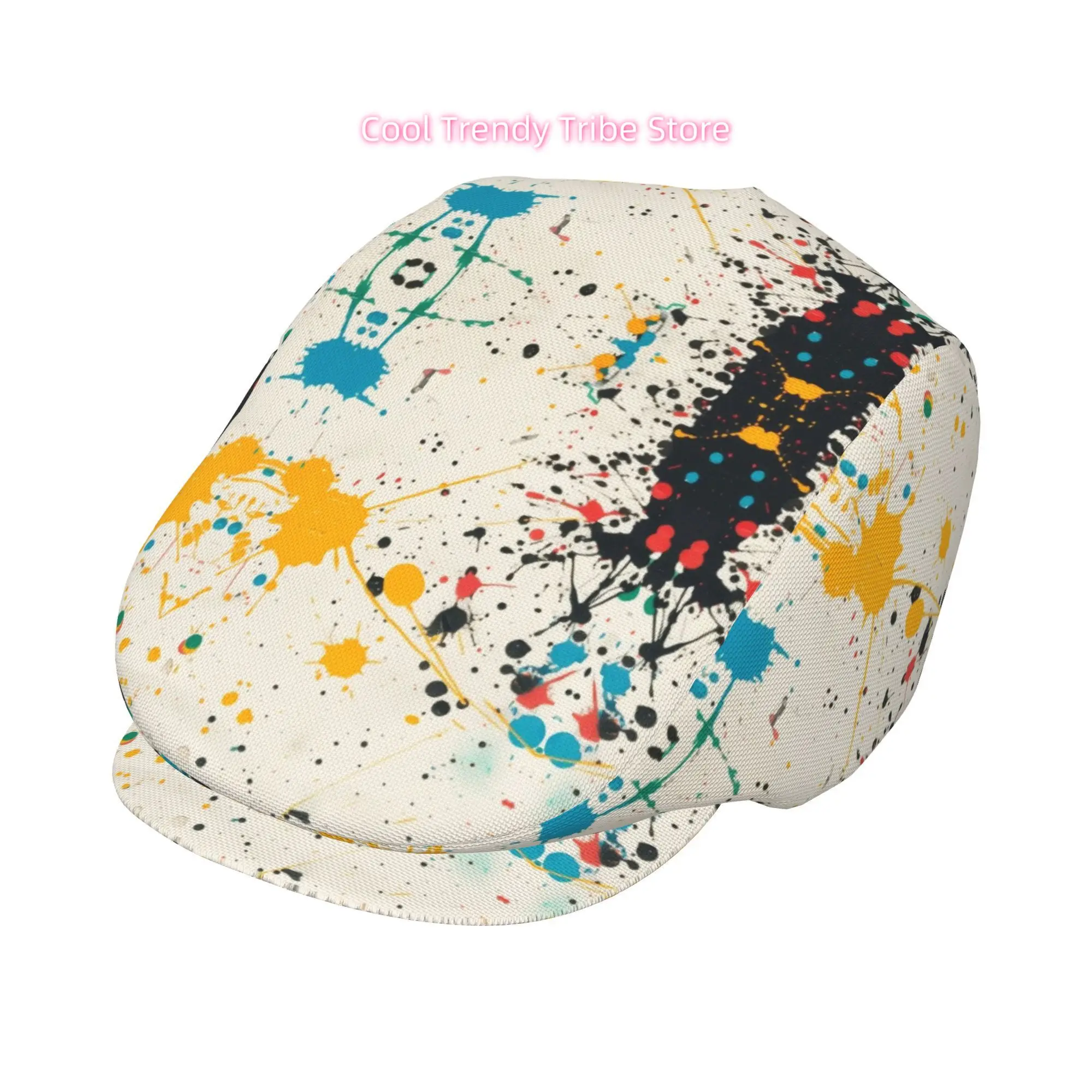 1pc Yellow Red Paint Splatter Art All-Over Print Flat-Top Hats Suitable for Men & Women, Newsboy Caps, Berets, Irish Driver Caps