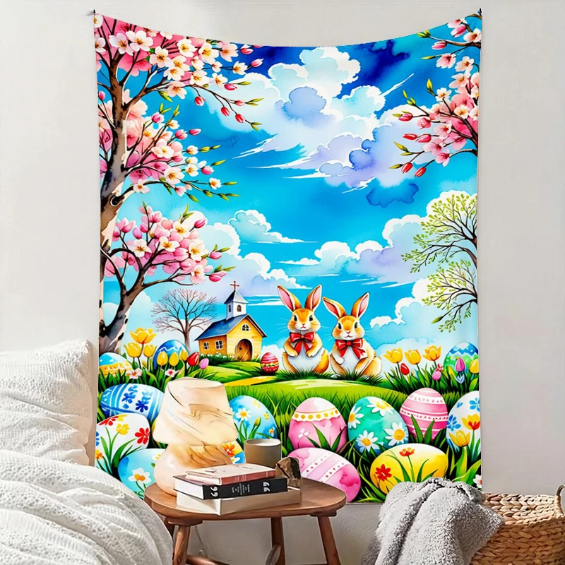 1PC Easter Rabbit Church Art Print Backdrop Banner, Bedroom Living Room Photo Background, Polyester, Home Decor, Wall Art