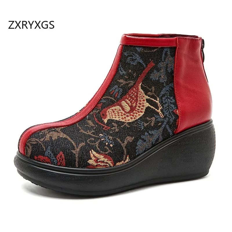 ZXRYXGS 2026 Autumn Head Layer Cowhide + Jacquard Fabric Women Fashionable Boots Wedges Thick Sole Elegant Comfort Ankle Boots