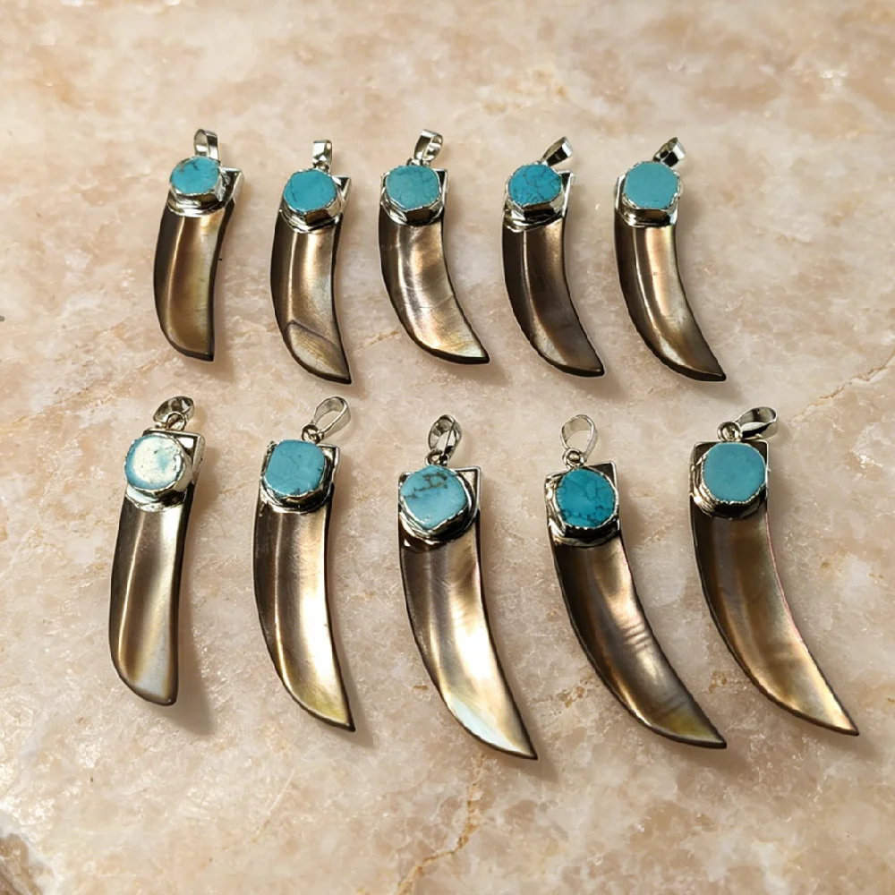 Southwestern Talon Brown Lip Shell Charms Silver Tone Collet Set Simulated Turquoise DIY Beading Findings P2D1015