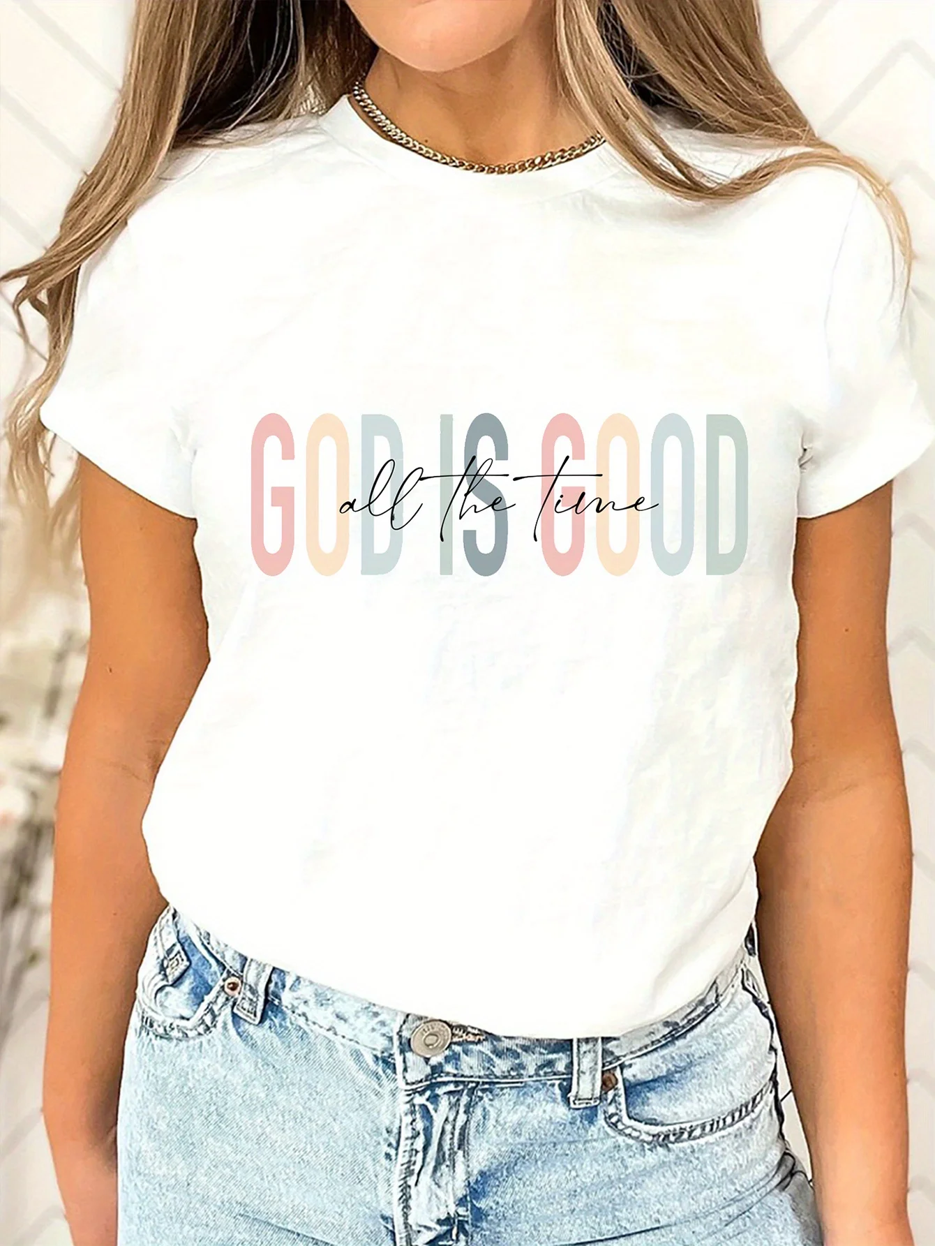 

Women's Colorful Letter Print Crew Neck T-shirt - Casual Short Sleeve Top for Spring & Summer