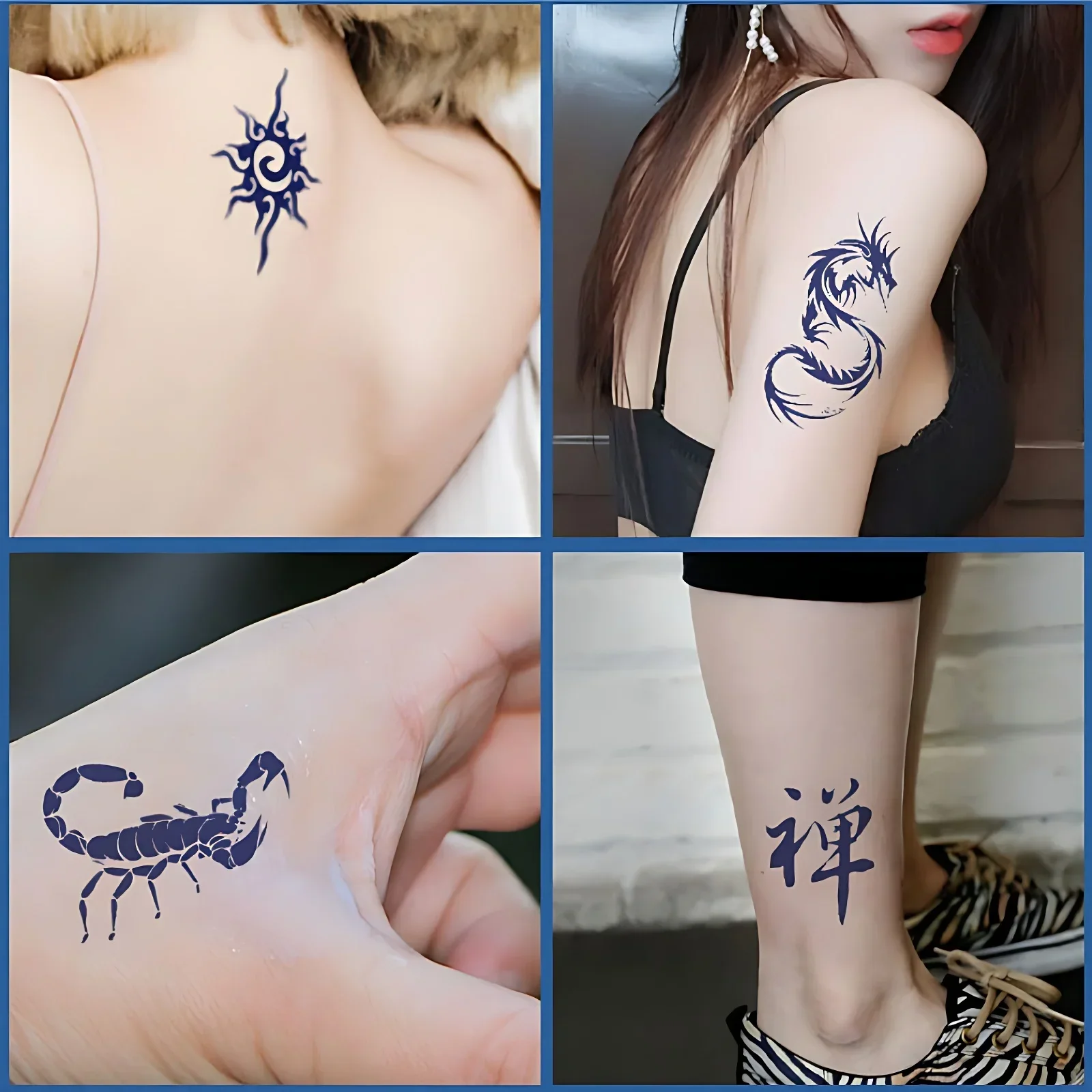 30pcs/pack Dark Blue Semi Permanent Fake Tattoo Totem Fox Chinese Letter Anchor Herbal Juice Tattoos Adhesive for Ladies Men