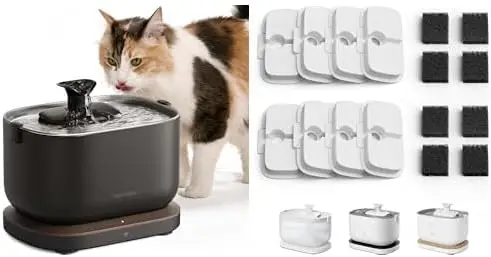 Bundle of Cat Water Fountain Stainless Steel Tray, App Monitoring Cat Fountain Indoor BPA-Free + 8 Replacement Filters for 4 Mon