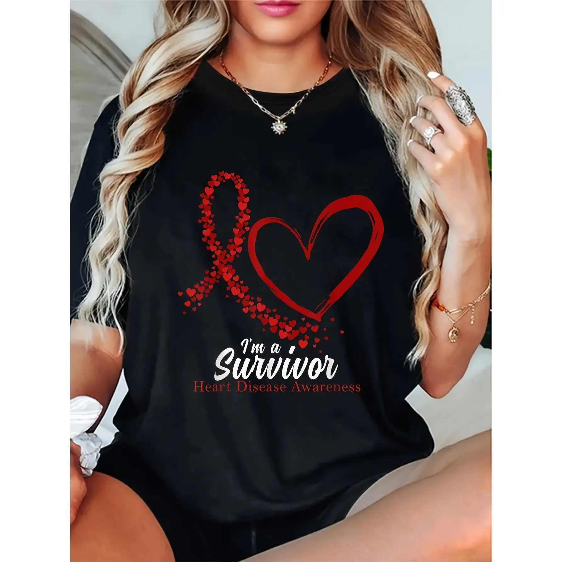 

Soft & Comfortable Women's T-Shirt - "I'm a Survivor" Graphic with Heart & Red Ribbon Design, Casual Short Sleeve Crew Neck Tee