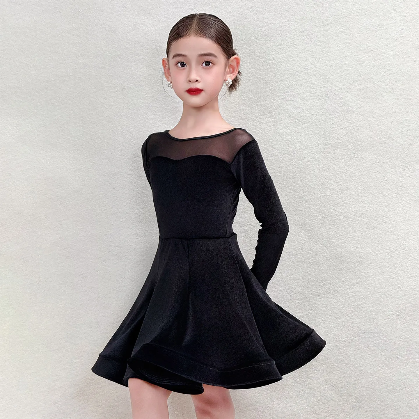 Girl Children's Latin Dance Costumes Long Sleeves New Velvet Autumn Practice Grade Test Competition Regulations Dancewear