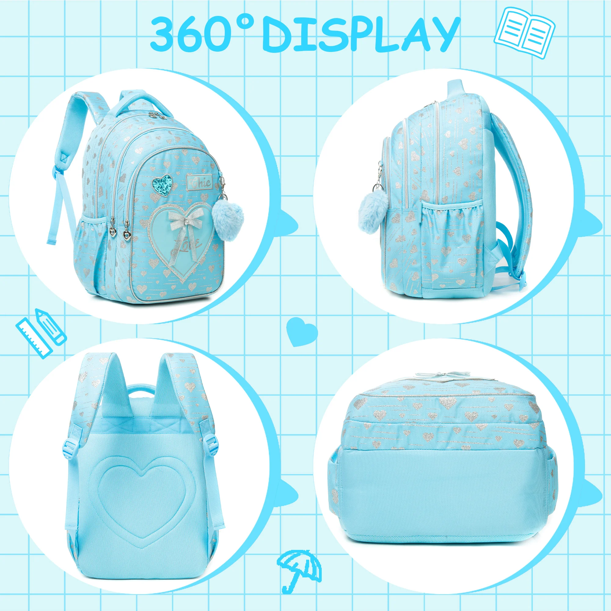 New Bowknot Ribbon Backpack Girls Backpack with Lunch Bag and Pen Bag for Elementary School for Picnic Travel and the Best Gift