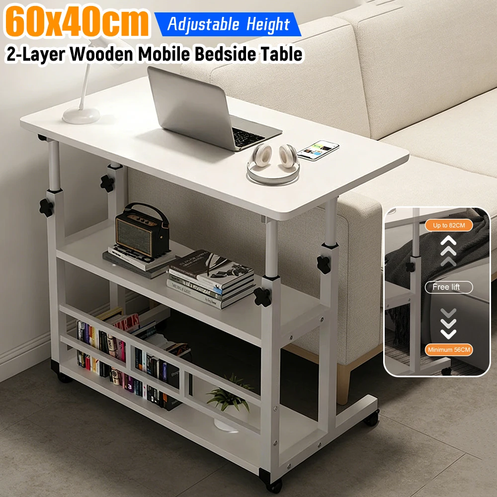 Mobile Standing Computer Desk Adjustable Bedside Laptop Desks 2-Layer 60x40cm Wooden Table Storage Shelf For Home Office Dorm