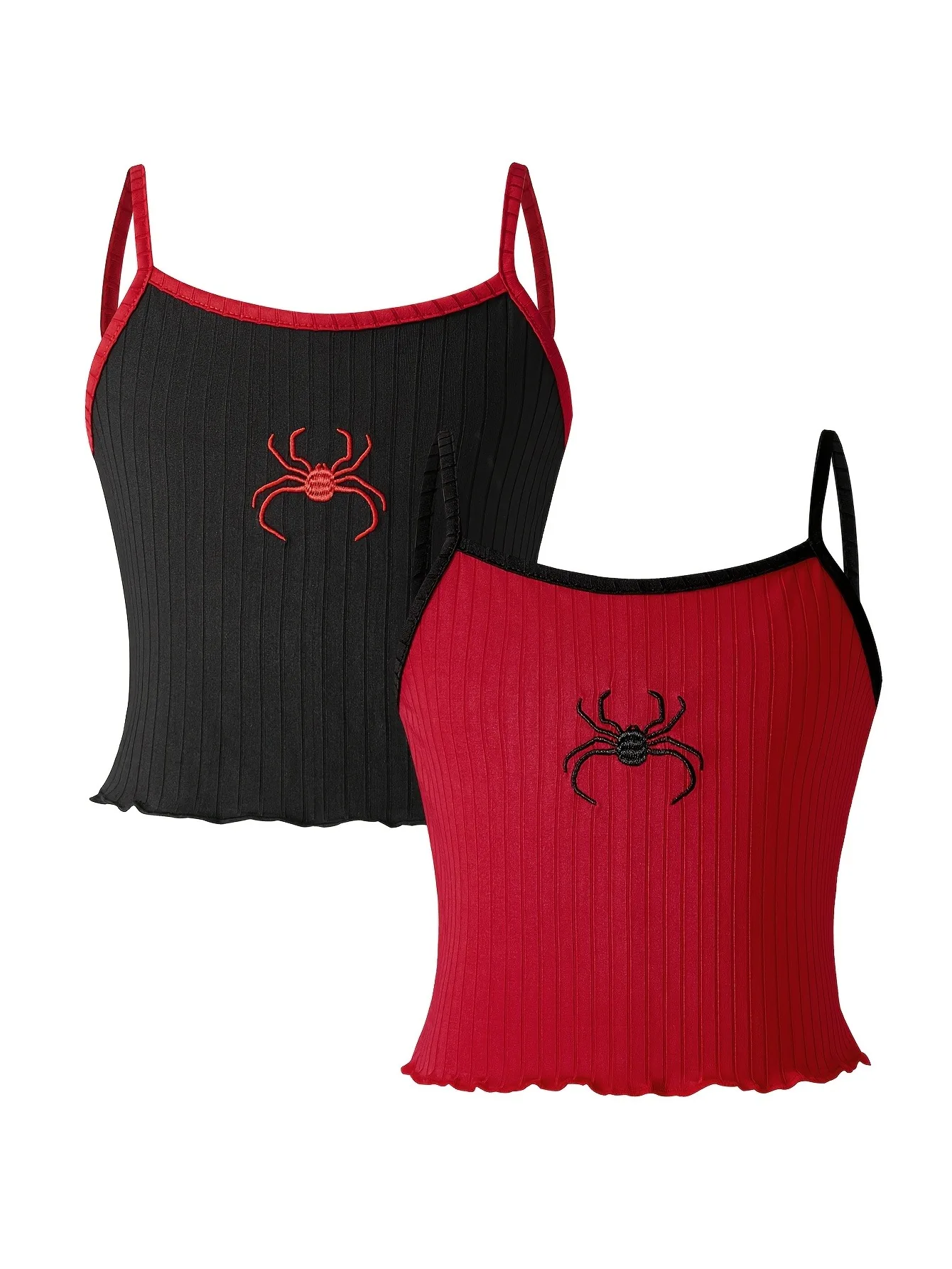 Stretchy Girls 2-Pack Spaghetti Strap Vests, Spider Pattern Fitted Rib Knit Camisole for Inner Layering Casual Outing Party Wear