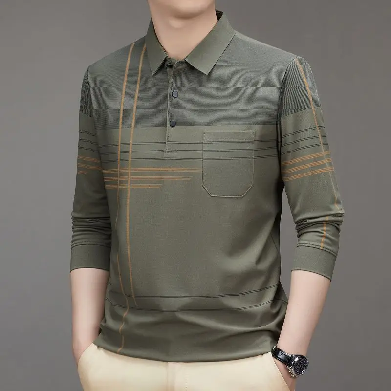 Men's Long Sleeve Polo Shirt Spring Autumn Loose Fit Casual Top Middle Aged Dad Tee
