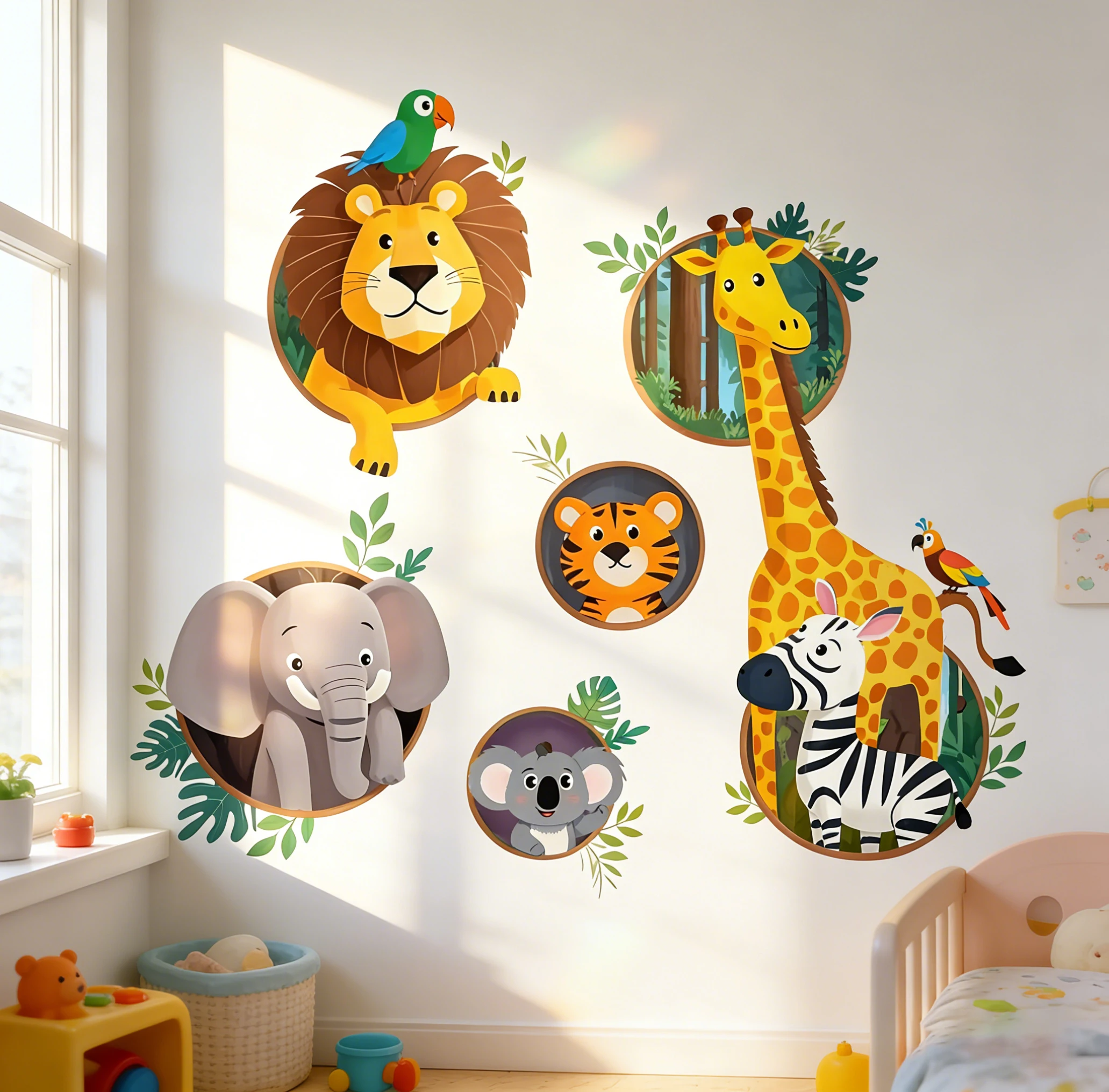 Cartoon Animal Combo Zebra Lion Wall Decals for Nursery Children's Bedroom Background Decor Stickers