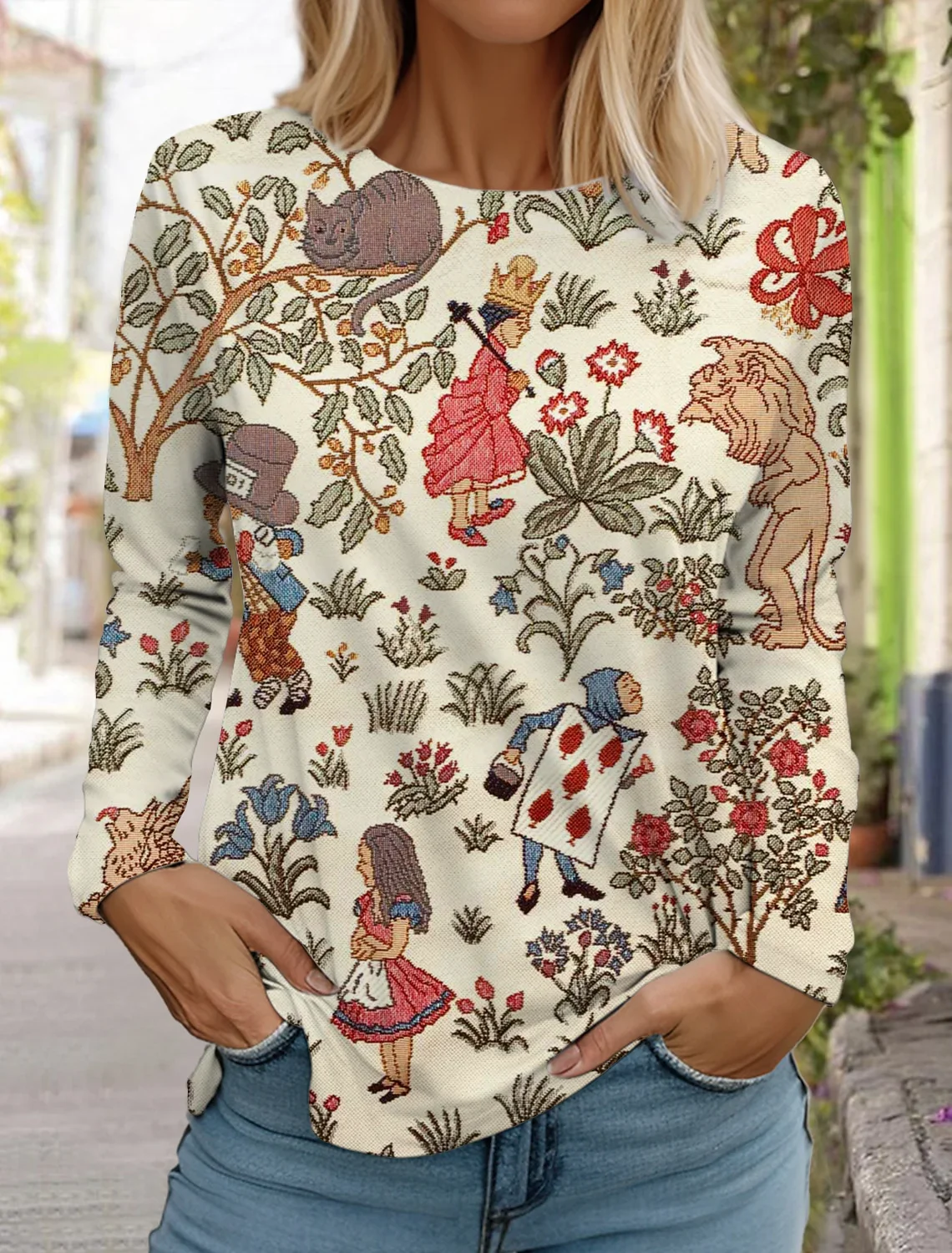 Vintage Floral Women's T Shirts Long Sleeve Round neck Casual Tops 3D Printed Flowers Loose T Shirts Spring New Women's Clothing