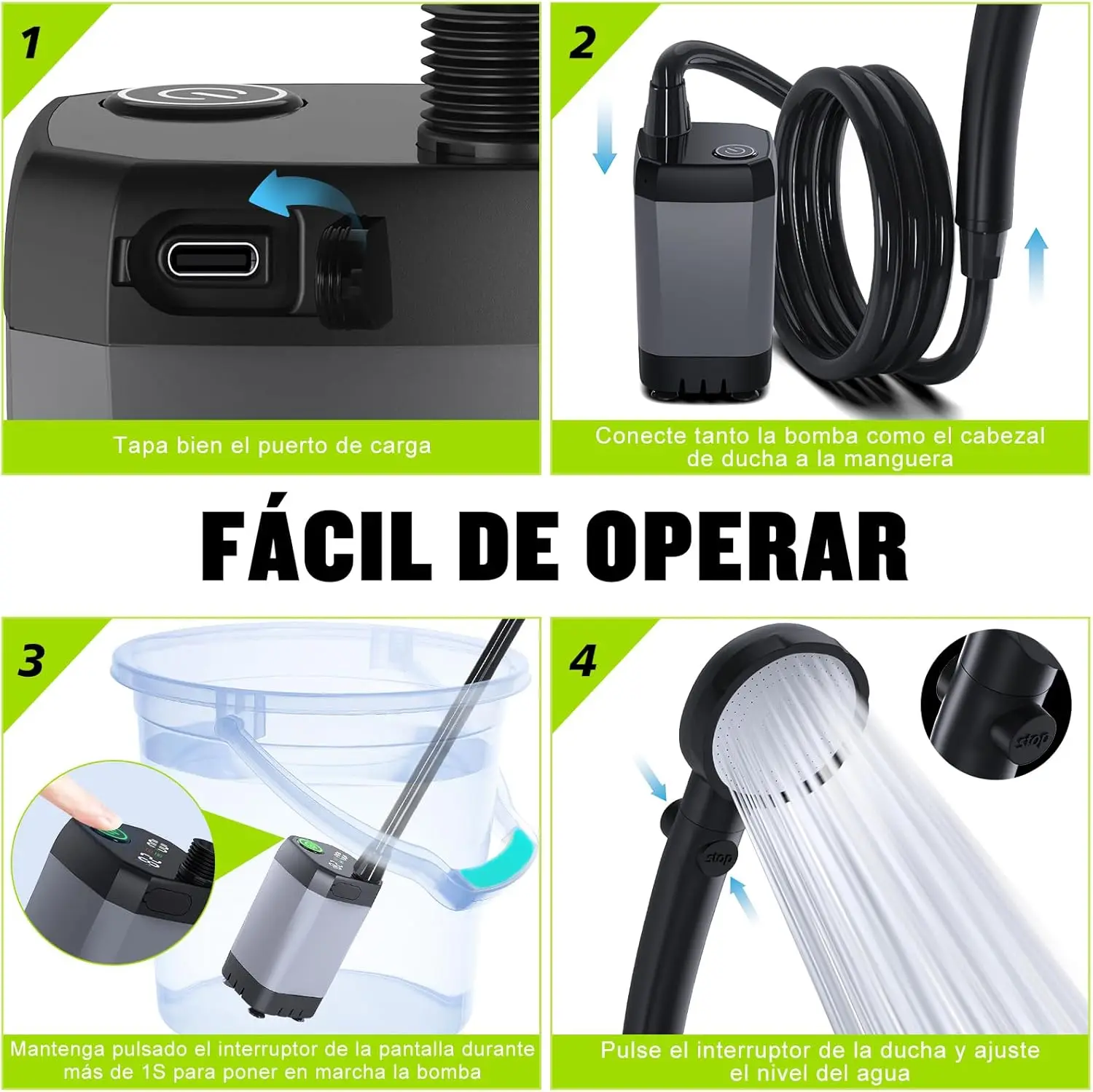 علبة سقاية للتخييم الكهربائية قابلة لإعادة الشحن، [طويلة الأمد] Spopal 6000Mah مع شاشة LED، 4 أوضاع للرش، دش محمول مقاوم للماء Ipx7 للمشي لمسافات طويلة والسفر والسيارة