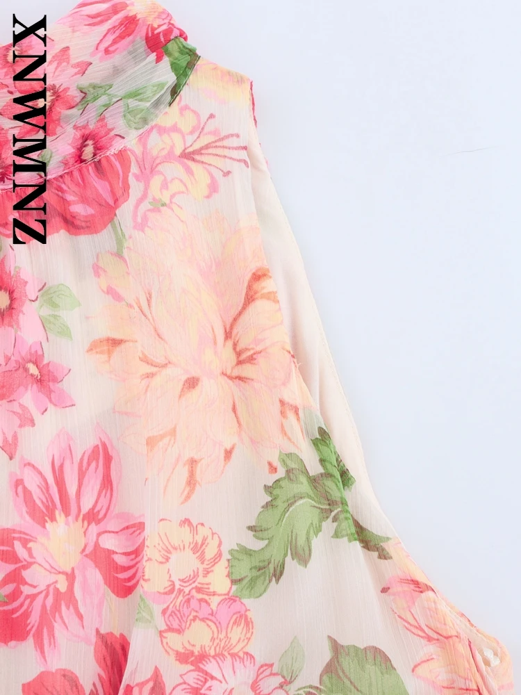 Xnwmnz 2025 verão feminino boho chique o-gola sem mangas plissado vestidos longos férias moda senhora em camadas vestido floral com cinto