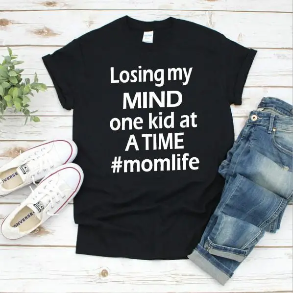 Losing My Mind One Kid At A Time T-Shirt Black Unisex Mom Life Shirt