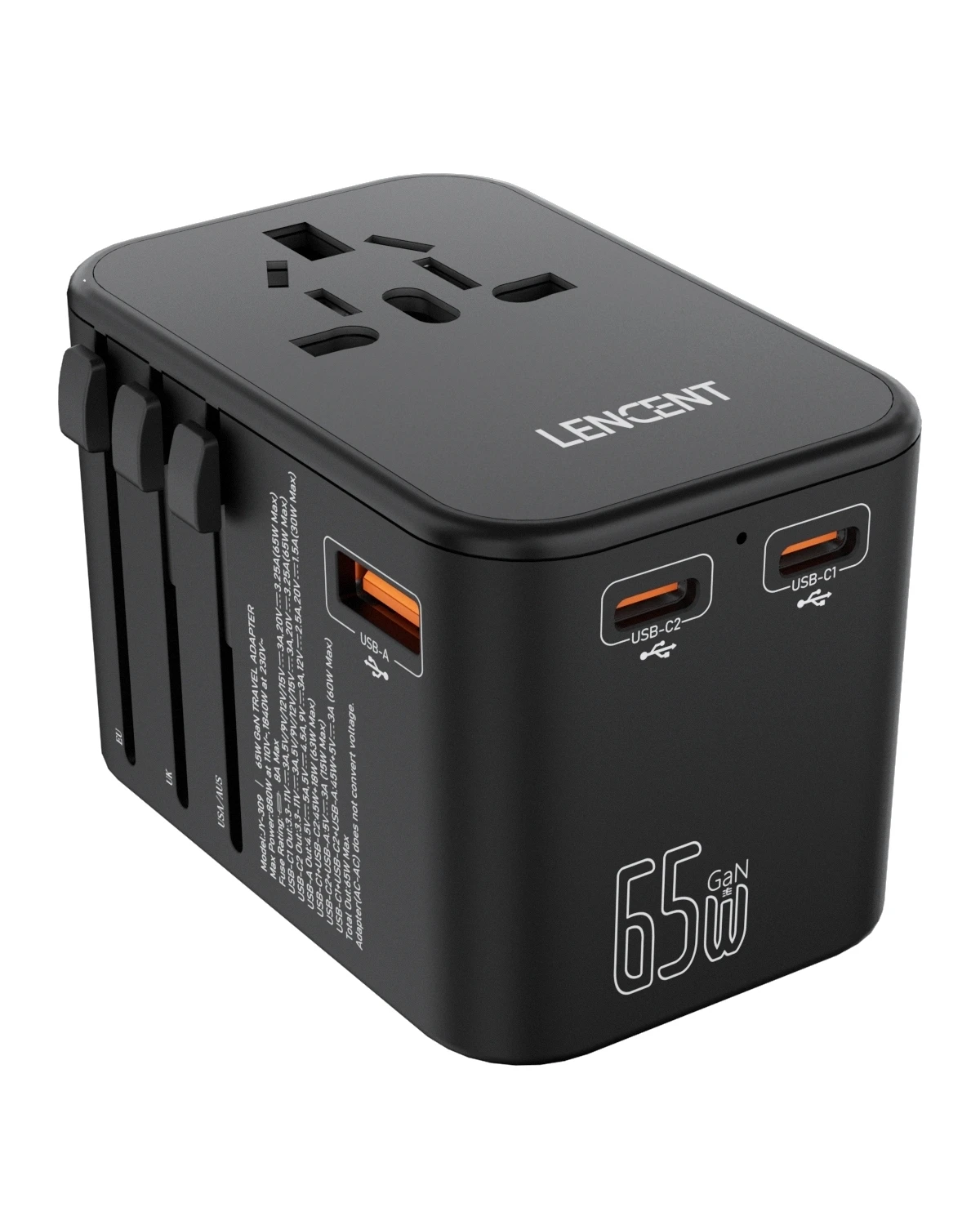 LENCENT 65W/100W GaN International Travel Adapter with 2USB 3 Type C GaN Fast Charging Adapter with EU AU US UK Plug for Travel image 3