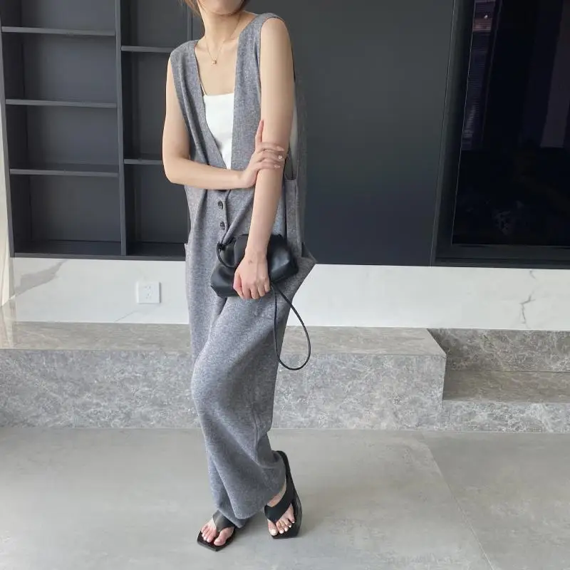 YUERWANG Women Jumpsuit 2025 Spring Fashion All Match Deep V Neck Sleeveless Single Breasted Solid Loose Casual Long Jumpsuits