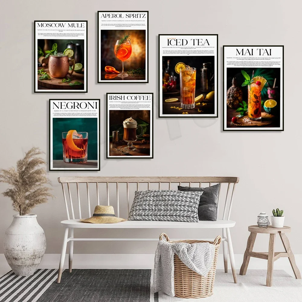 Cocktails with recipes and ingredients, mojito, espresso martini, cosmopolitan, negroni, long island iced tea cocktail poster