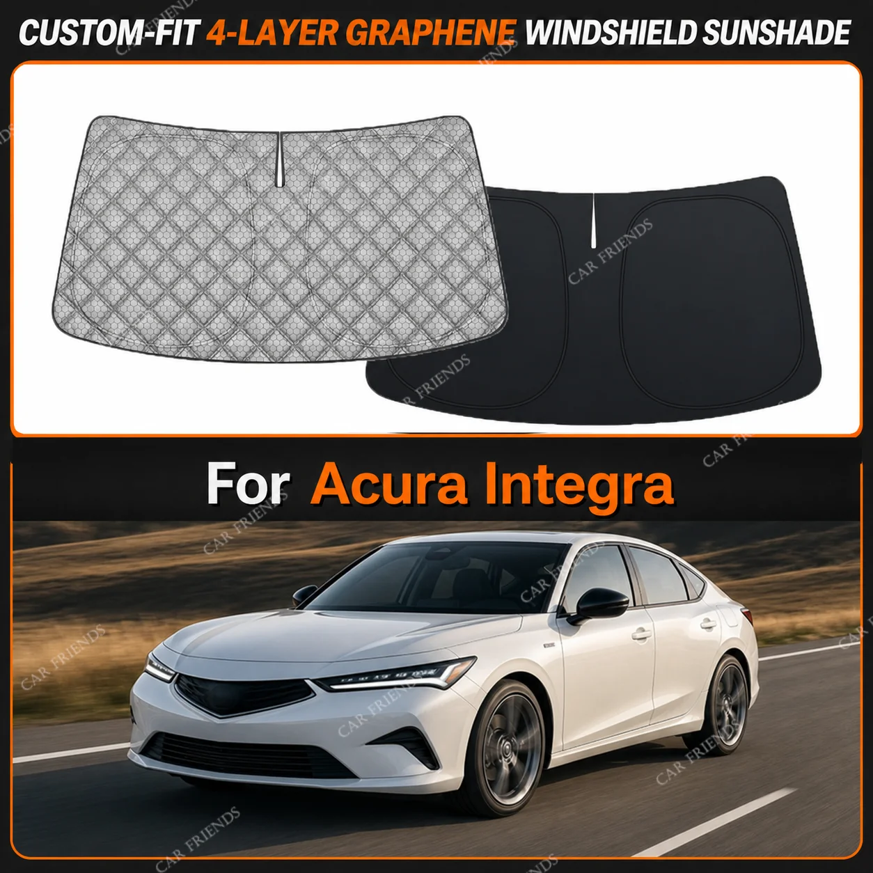 For Acura Integra Custom-Fit 4-Layer Graphene Windshield Sunshade Reflective Gray-Silver Surface Helps Reduce Direct Sunlight