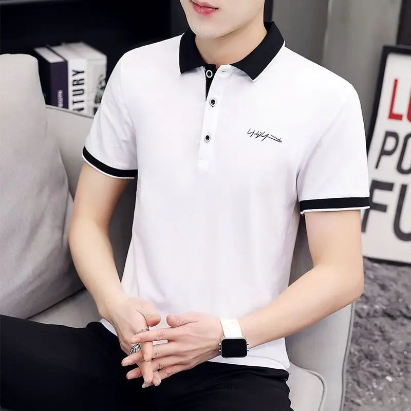 Business Casual Slim Polo Shirts Men's Clothing Contrasting Colors Spliced Summer Polo-Neck Button Stylish Embroidery T-shirts