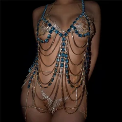 Luxury Crystal Double Body Chain Bra Harness for Women Christmas Hollow Tassel Rhinestone Chest Chain Bikini Lingerie Jewelry