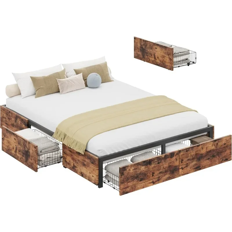 Queen Bed Frame with Storage, 4 Drawers and Heavy Strong Metal Support Frames, Solid Stable, Noise-Free, No Box Spring Needed