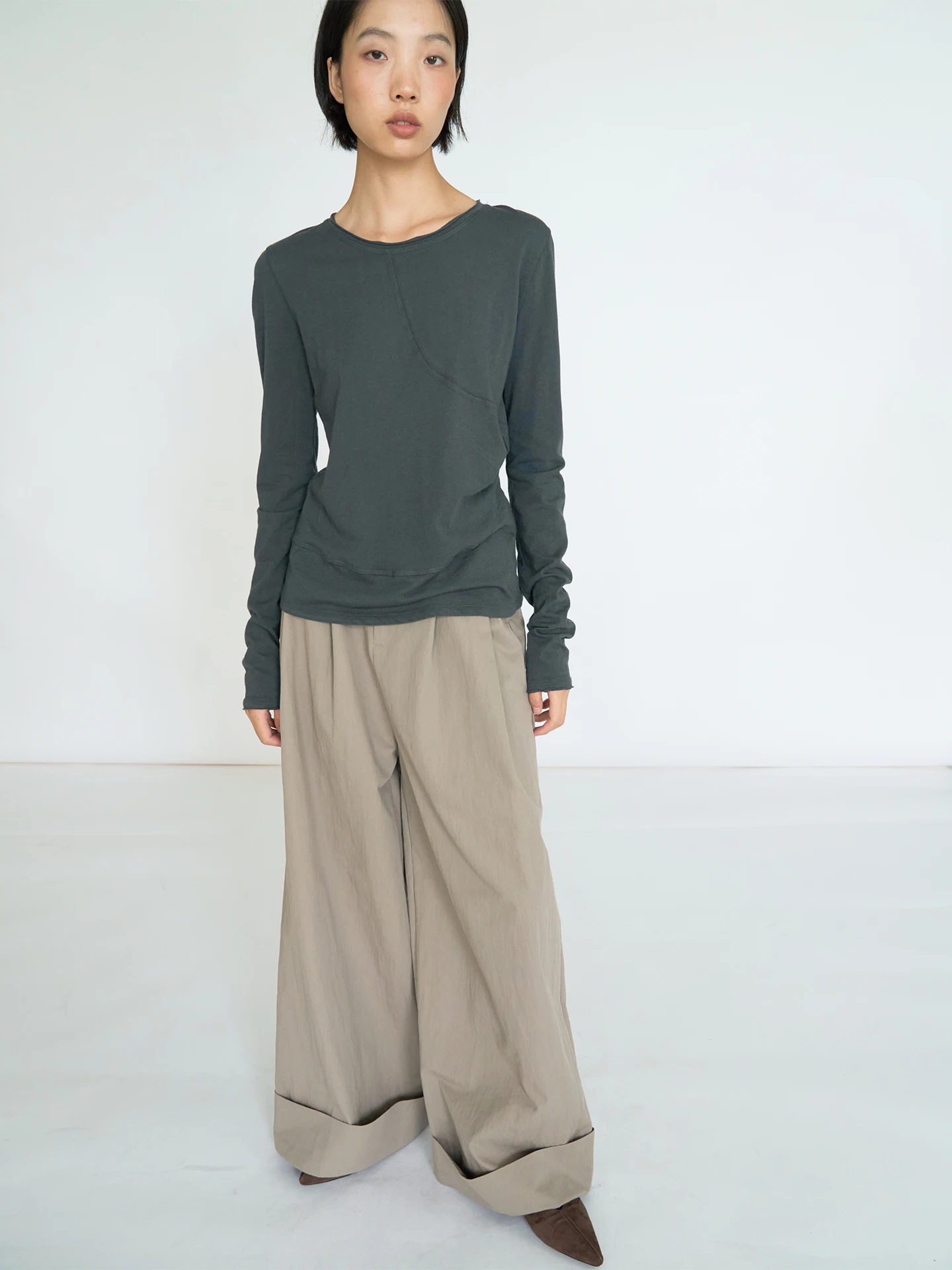 

Nothingnowhere 25FW Tri-Color Base Layer T-irt Casual Loose Fit Soft Cotton Wool Blend Long Sve round Ne Basic Tee