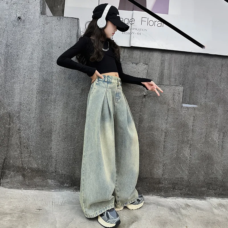 4-14 kid Girls jeans Spring Autumn 2024 junior children westernized street wide leg pants Korean versatile long trousers clothes