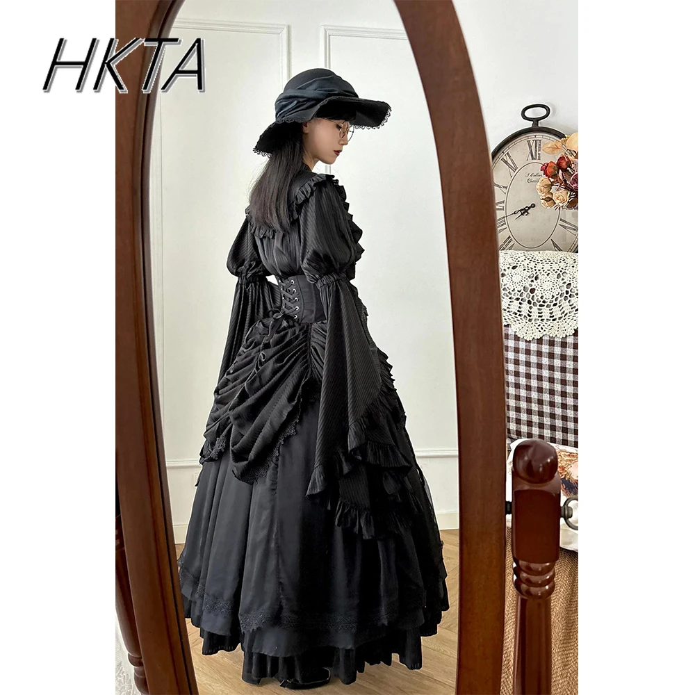 Black Gothic Japanese Style Lolita Sweet Shirt Blouse Y2k Top Girls High-waisted Strap-up Long Skirt Women Outfits Two-piece Set