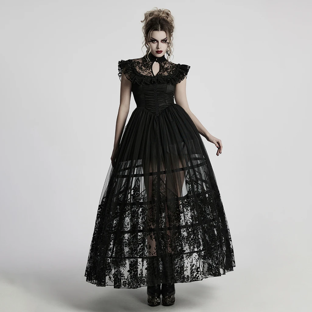 PUNK RAVE Women's Gothic Maxi Dress, Black-Red Polyester Floral Print Lace Up Ball Gown WQ869 view 4