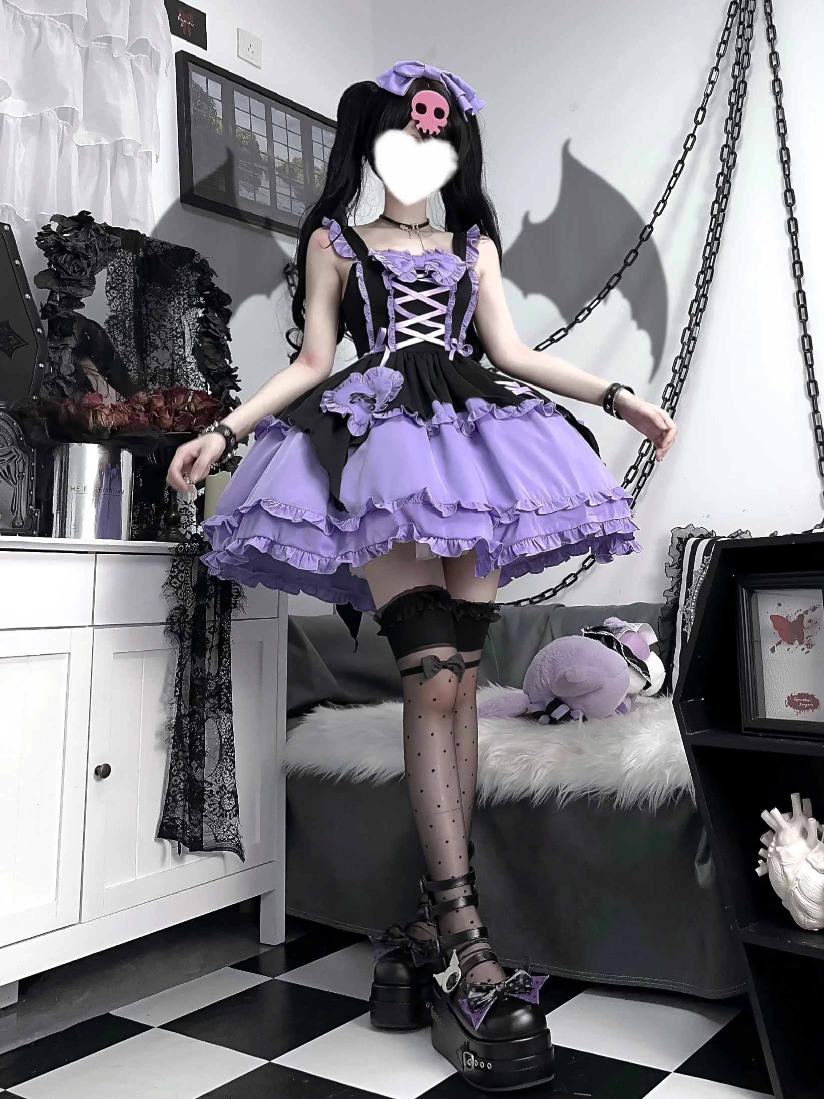 Sommerkleid Damen Original Design Lolita Kleid Lila und Schwarz Halloween Hexe Lolita JSK Hosenträgerkleid Haarnadel Kostenlos