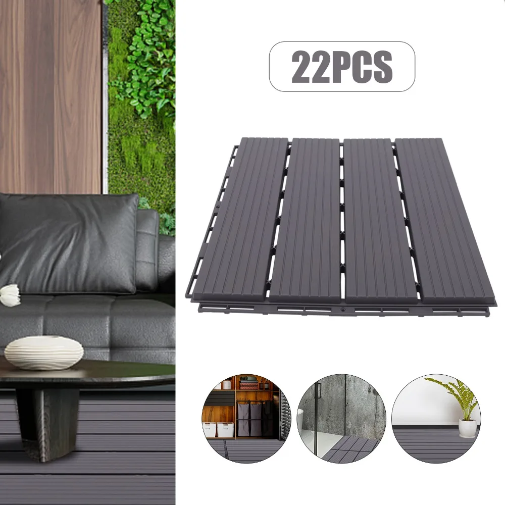 22PCs Hardwood Interlocking Patio Deck Tiles Grey Wood Interlocking Flooring Tiles Indoor and Outdoor Tiles Garden Patio