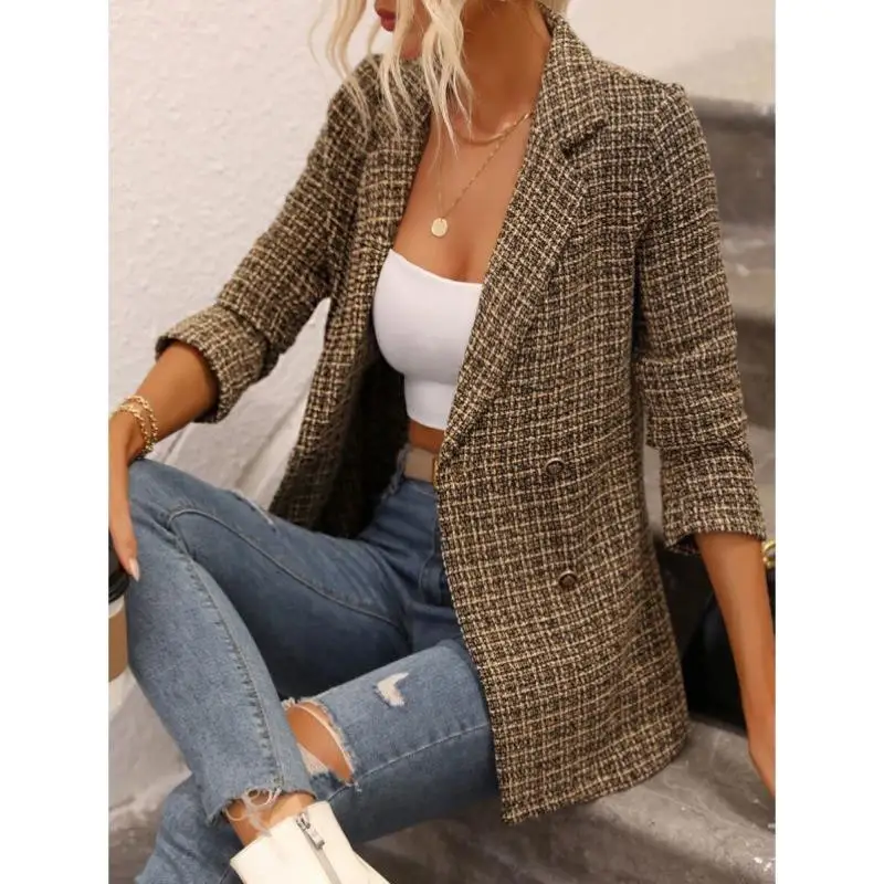 

Cross-Border Women's Plaid Double-Breasted Suit Jaet Casual Sportswear Seven-Quarter Sve Autumn Season Outerwear