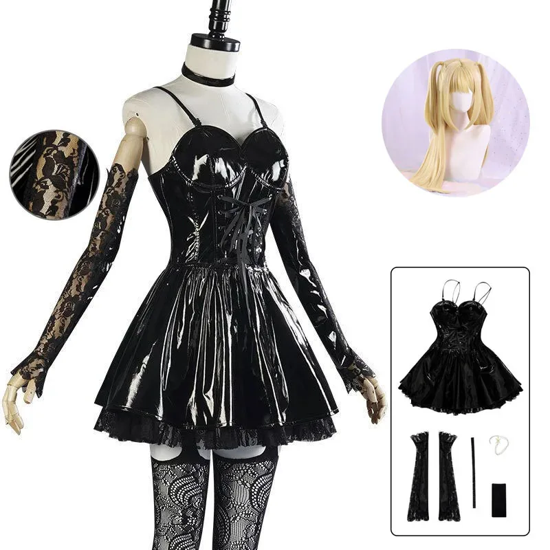 

New Halloween Cosplay Misa Amane Cosplay Costume Wig Imitation Leather Sexy Dress Necklace Lace Sleeves Stockings Women Uniforms