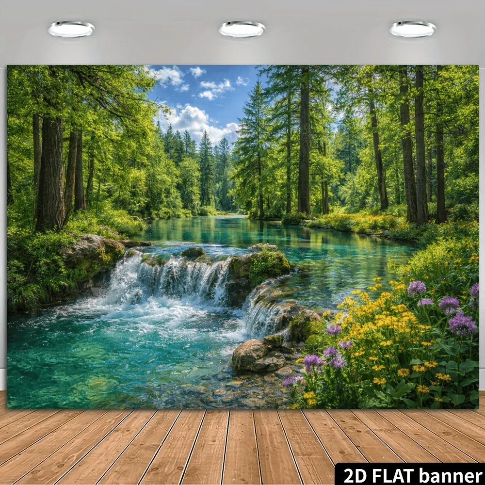 2D Plane Forest Waterfall and Stream Theme Background Cloth - Sunlit Pine Forest and Clear Pool with Waterfall Scene