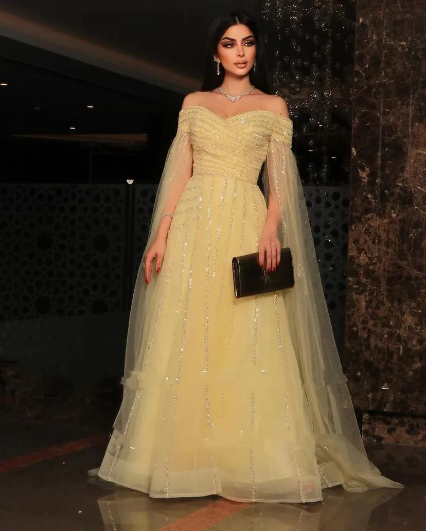 Romantic Sparkly Yellow Tulle Sequin A-Line Beading Prom Dresses Off the Shoulder Evening Gowns Saudi Arabic Party Dresses