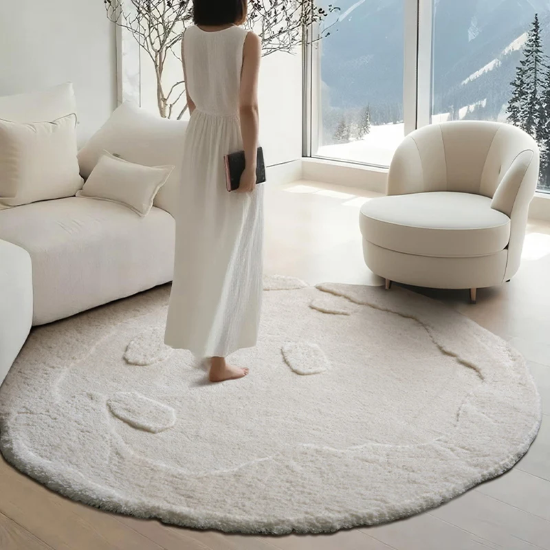

Carpet Round Irregular Rug Living Room Solid Color White Cream Style Area Rug Girl Room Bedroom Carpet Bed End Floor Mat Modern