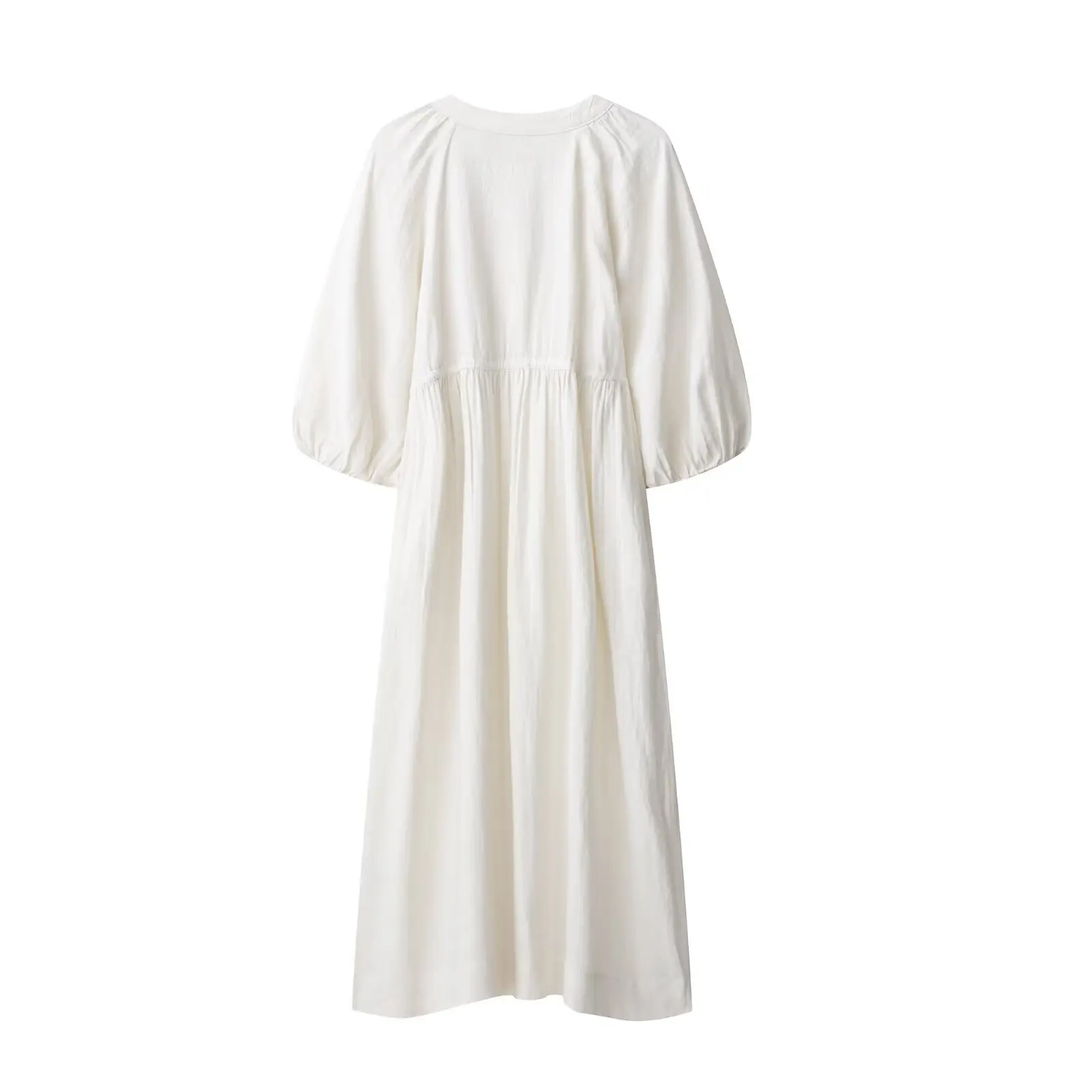 ชุดเดรสผ้าลินินแท้ทรงเอวเข้ารูปสำหรับผู้หญิง เสื้อผ้าผู้หญิงเอวสูง สไตล์ลำลอง กระโปรงทรงบับเบิ้ลความยาวปานกลาง