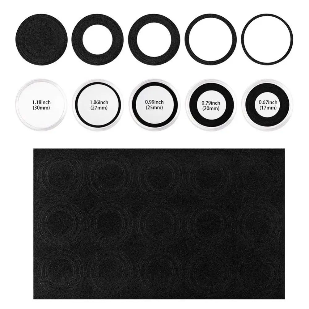 100Pcs 17/20/25/27/30mm Gasket Pads Coin Capsule Protect Case Holder Storage Box with Black Inner Cushion for Collectors