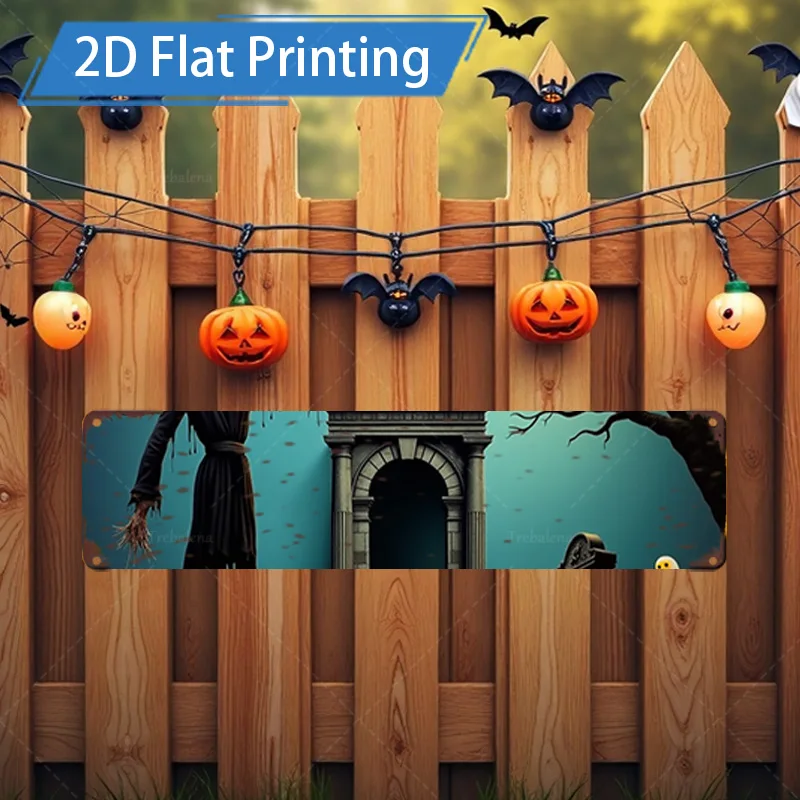 1 قطعة 4x16 بوصة علامة معدنية للهالوين 2D علامة معدنية مسطحة-ساحرة مخيفة، ديكور مشهد الباب والشجرة