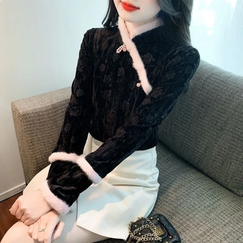 Chinese Retro Style Velvet Top Women Stand Collar Furry Trim Frog Button Long Sleeve Blouse