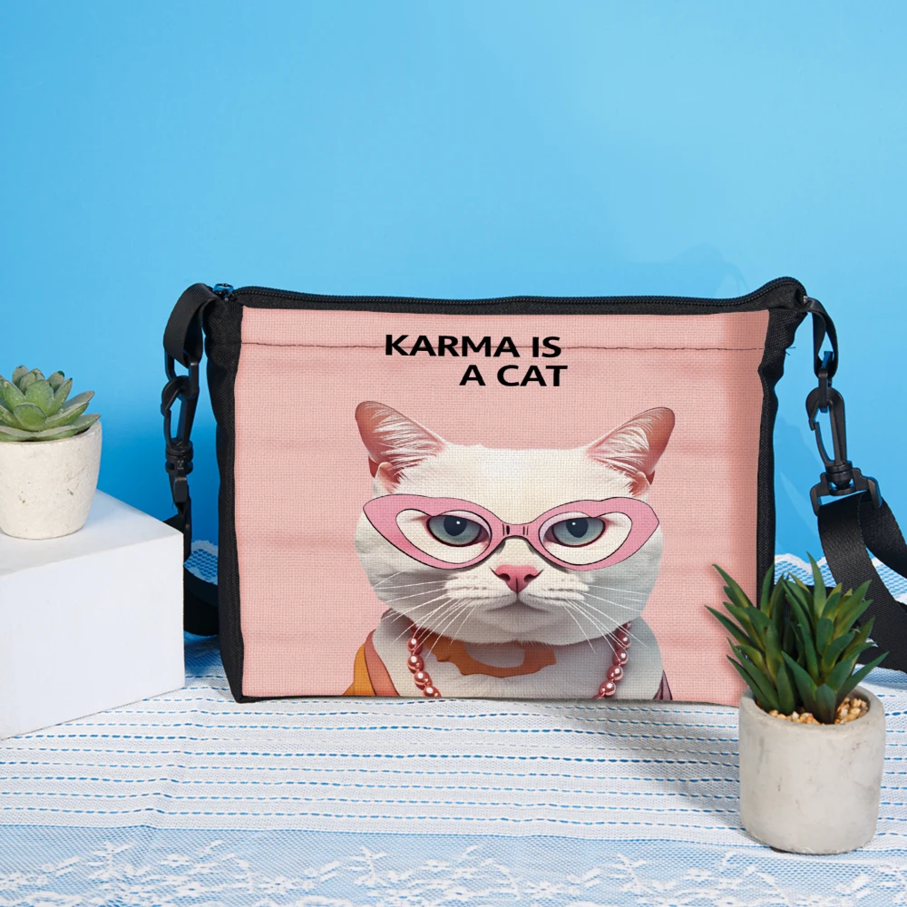 1pc Fashion Crossbody Bag Pink Karma Is A Cat Printed Cat With Glasses And Necklace Shoulder Bags For Women Girls Casual Daily U