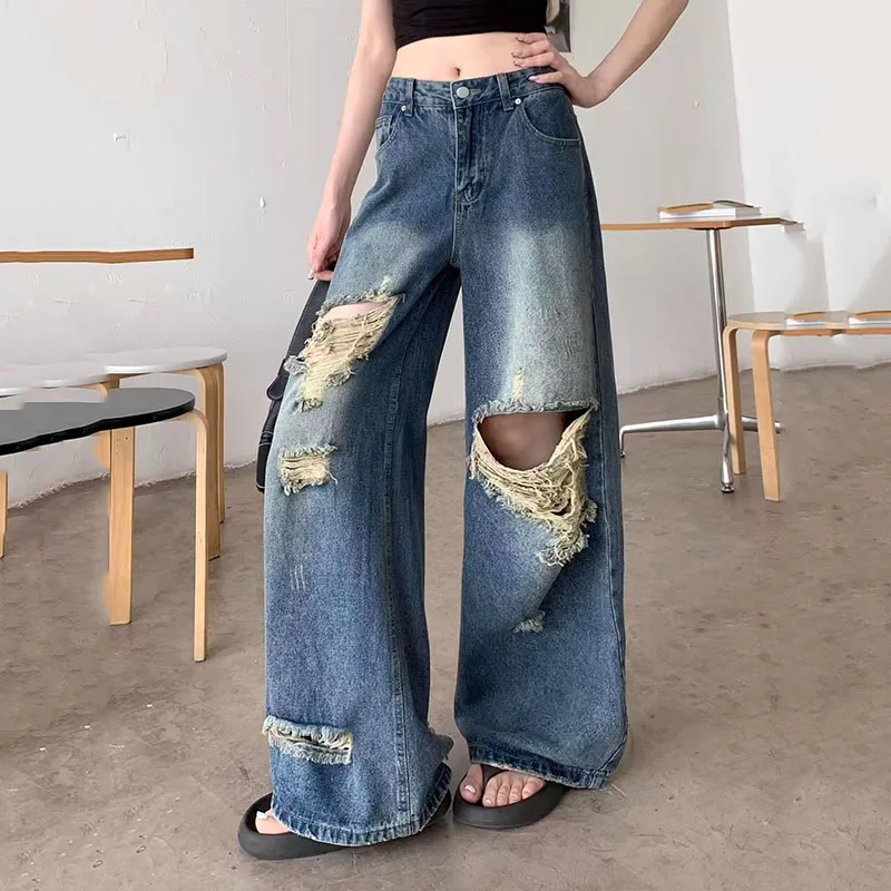 

Лето 2026, рваные джинсовые брюки с высокой талией, женские уличные брюки в американском стиле ретро, Y2K, широкие джинсы, свободные утягивающие прямые брюки