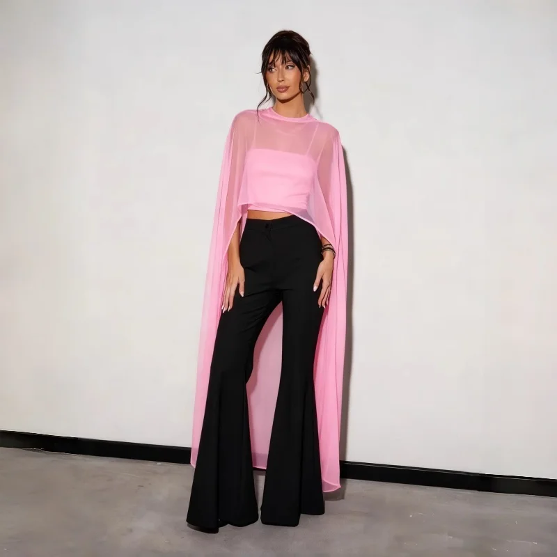 Womens High Low Solid Color Sheer See Thru Cover-ups Summer Holiday O Neck Cape Blouse Female Jacekt Long Party Tops 150CM