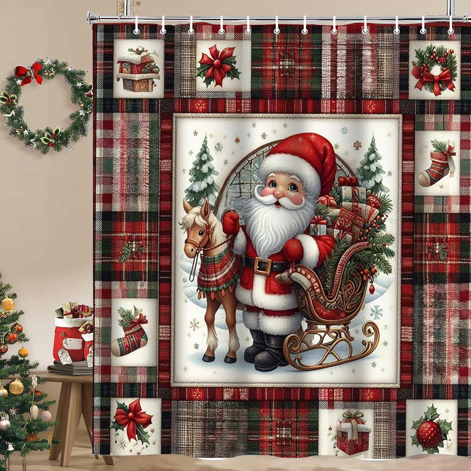 Christmas Tree Snowman Santa Claus Bathing Curtain Bathroom Shower Curtain With 12 Hooks bathroom home decor and accessories