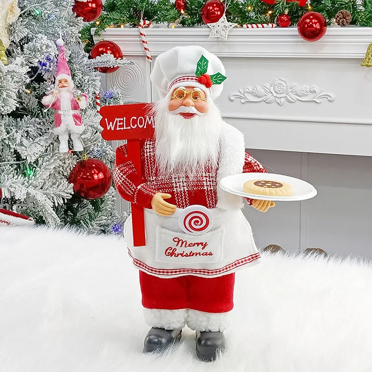 

30cm Standing Chef Santa Claus With Welcome Sign Merry Christmas Restaurant Santa Doll Decor Kids Gift New Year 2026 Party Decor
