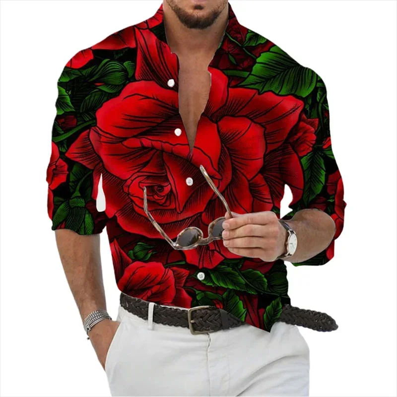 Men\'s casual outdoor geometric pattern Rose elegant comfortable soft 2024 new shirt top