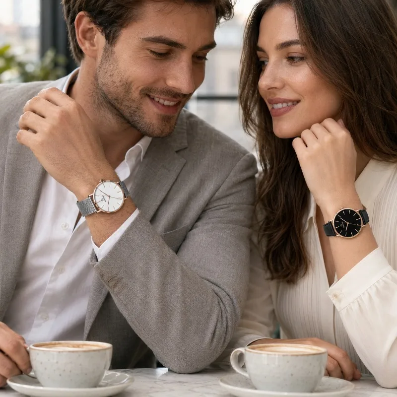 KEMANQI Couple Wristwatch Set 2pcs Ultra Thin Round Dial Leather Wristband & Mesh Metal Strap Matching Clock For Lovers Relojes